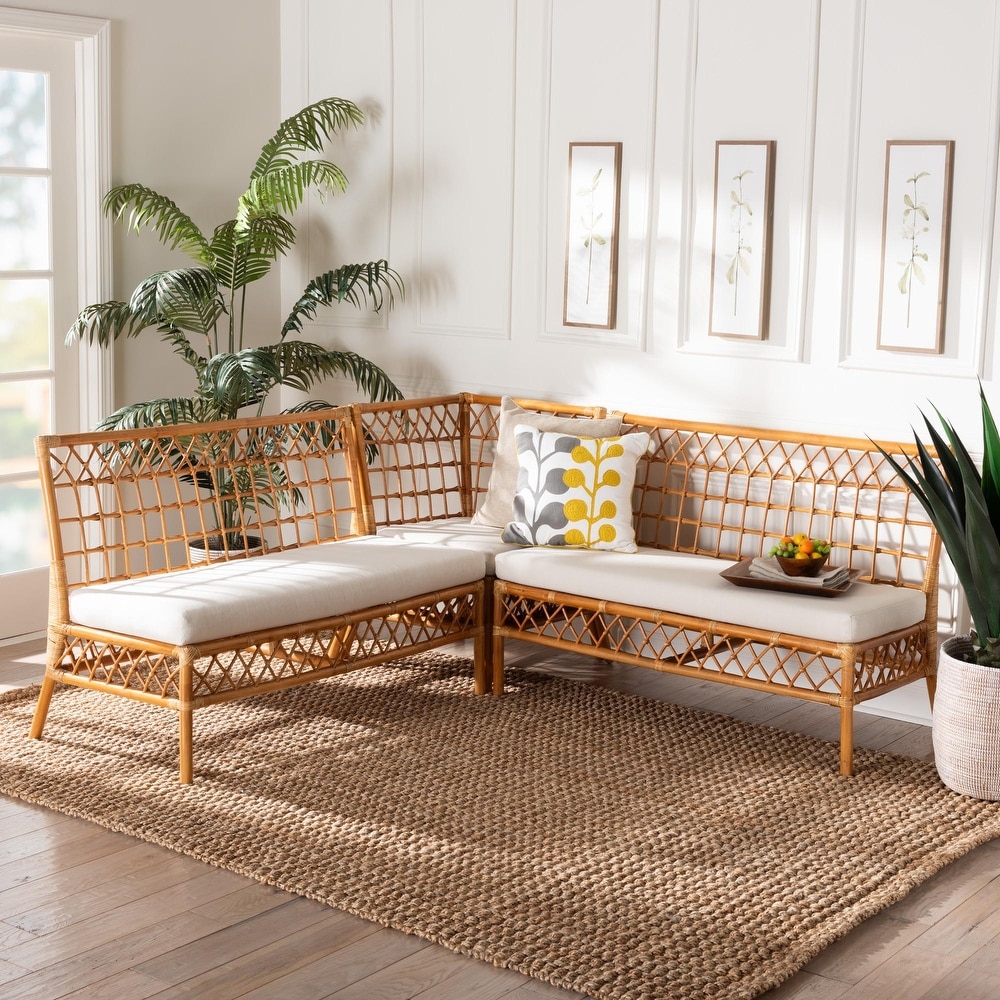 Capella Modern Bohemian Honey Rattan 3 Piece Dining Nook Banquette Set