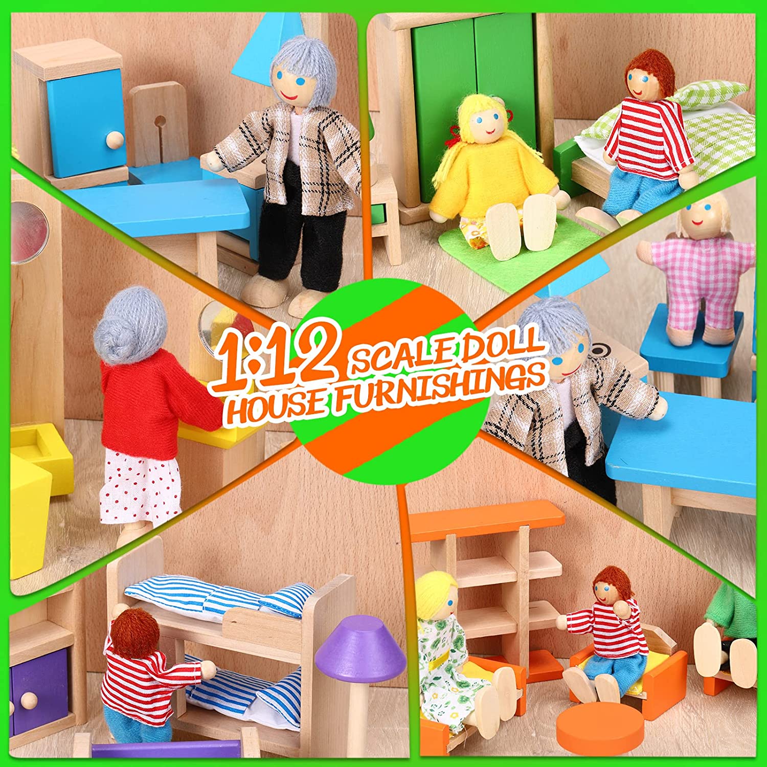 5 Set Wooden Dollhouse Furniture with 8 Family Figures 1:12 Scale Doll House Furnishings， 35 Pieces Dollhouse Accessories (Living Room， Kitchen， Baby Room， Bedroom， Bathroom)