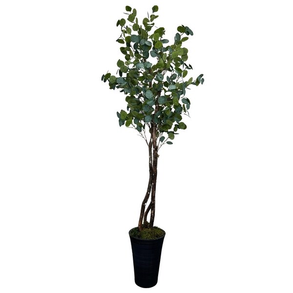 Handmade 6' Artificial Eucalyptus Tree in Designer Ribbed Black Fiberglass Planter