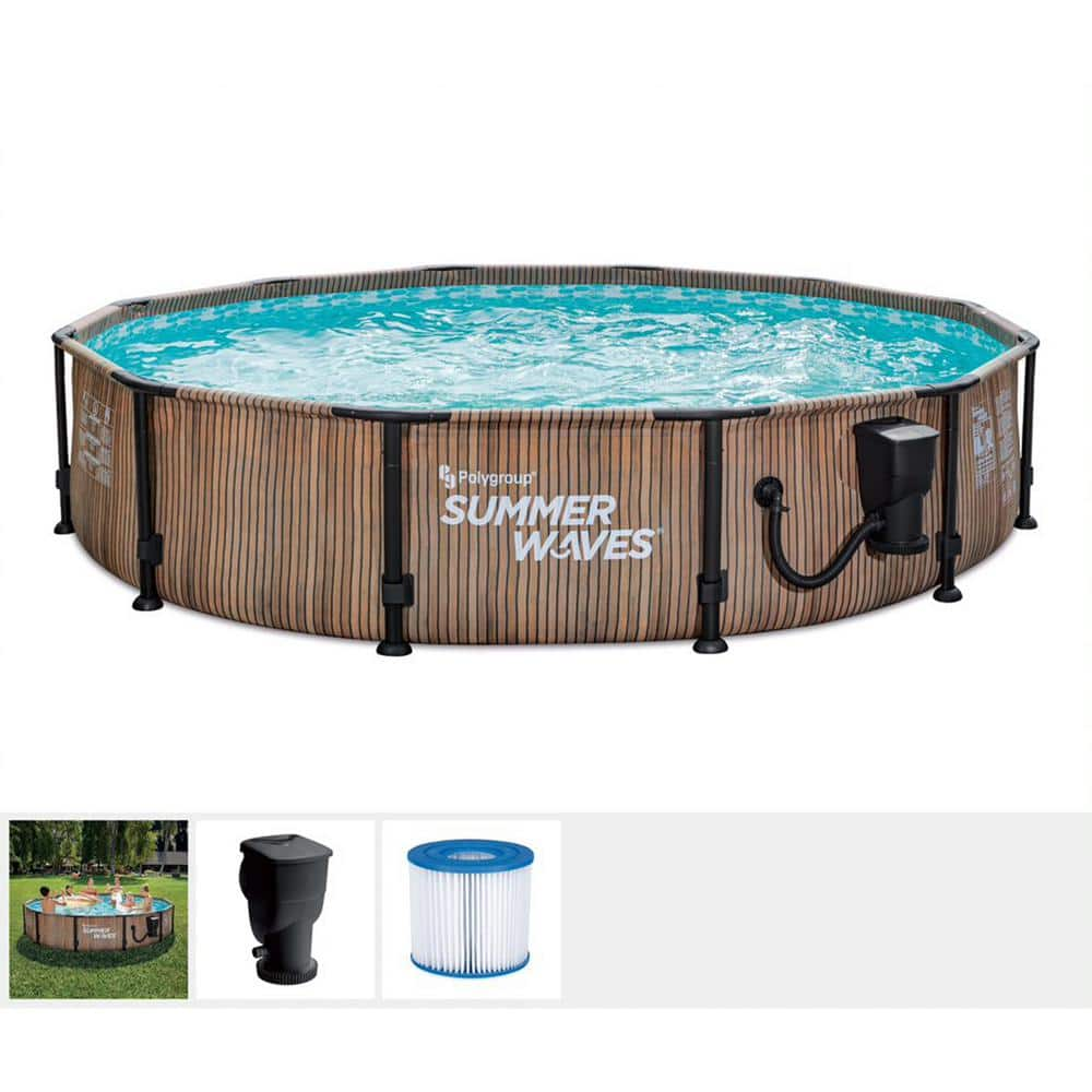 Summer Waves Natural Teak Elite 12 ft. x 30 in. Round Frame Above Ground Swimming Pool P4E01230A