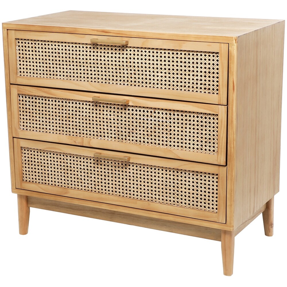 Light Brown Wood 3 Drawer Cabinet with Cane Front Drawers and Gold Handles