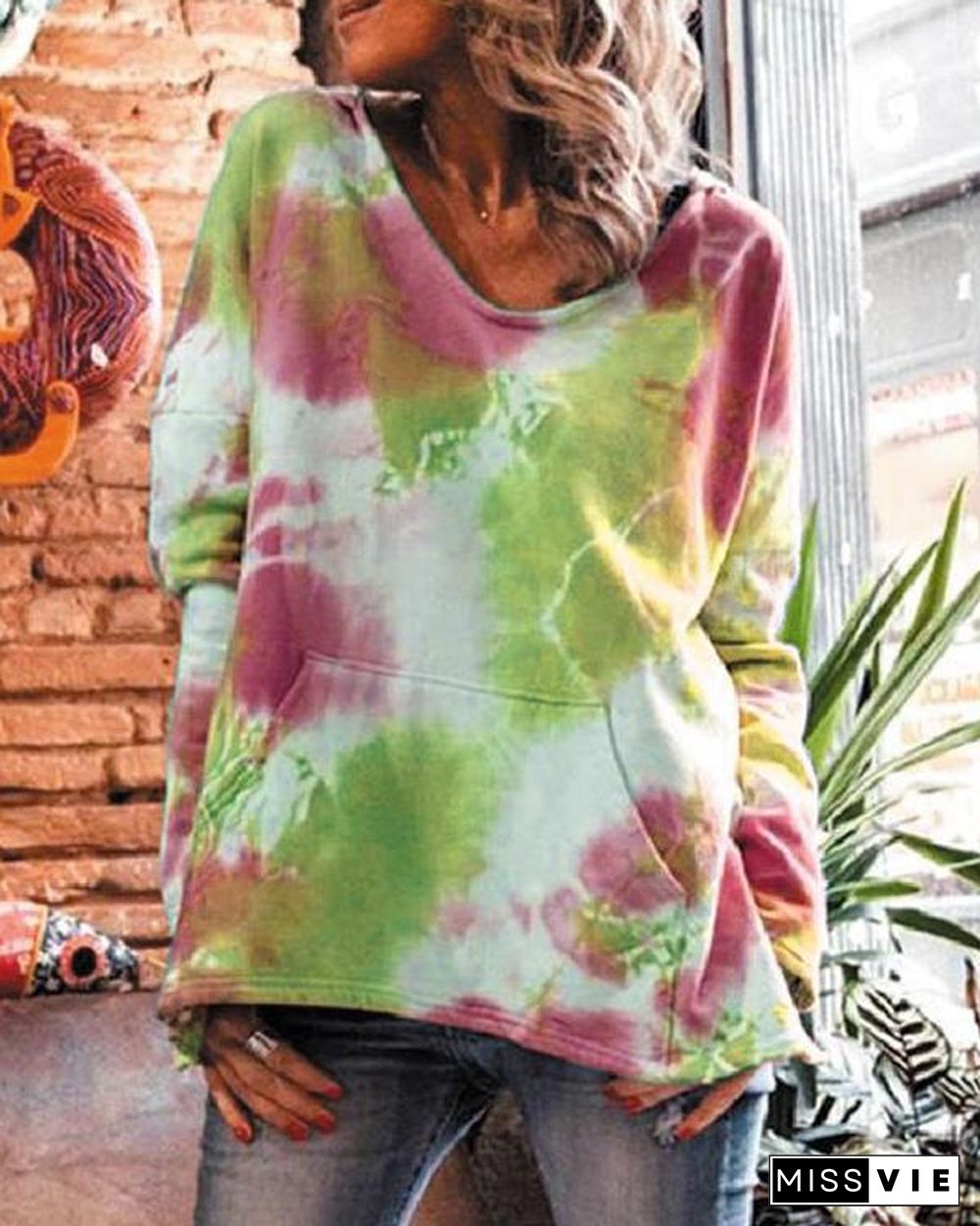 Women's Fashion Tie Dye Pocket Hoodie Sweatshirt