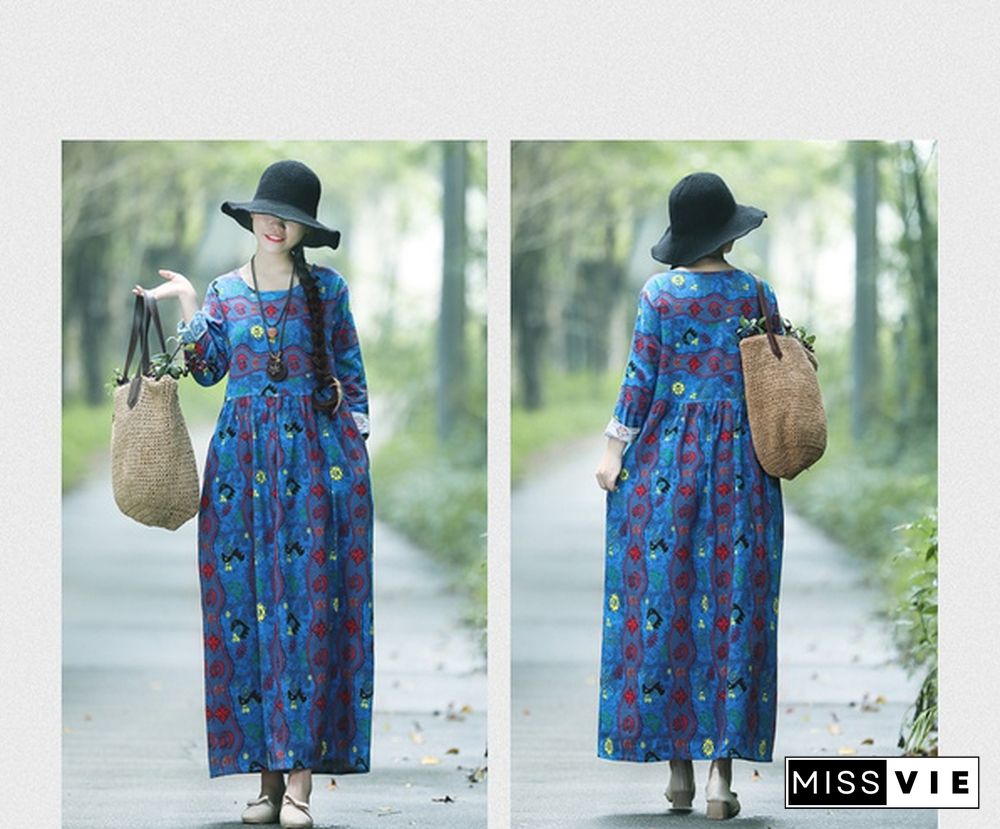 New Arrival Women's Fashion Clothing Spring and Autumn Folk Style Linen Defined Waist Loose Full Dress Printed Long Sleeve Dress