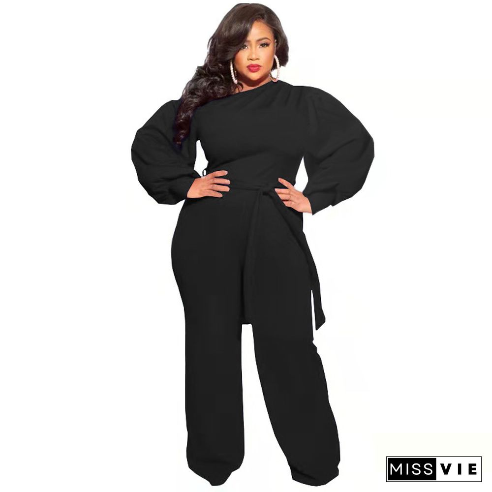 Long Sleeve Lace Up Plus Size Wide Leg Jumpsuits