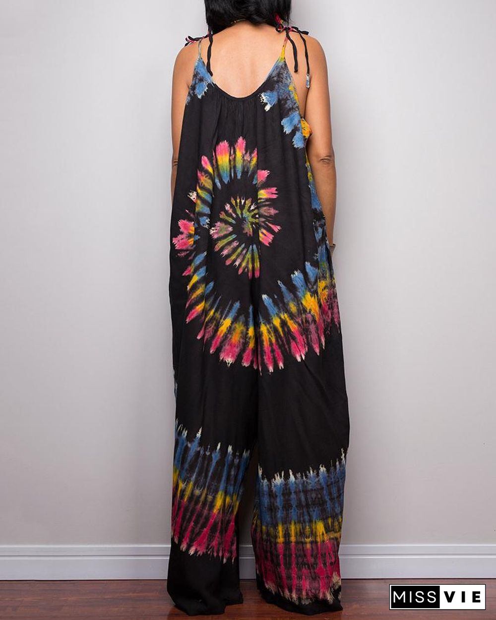 Tie-Dye Print Wide-Leg Lace-Up Loose Jumpsuit P15993