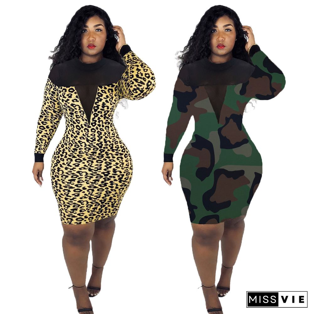 Mesh Patchwork Leopard Camouflage Bodycon Midi Dress