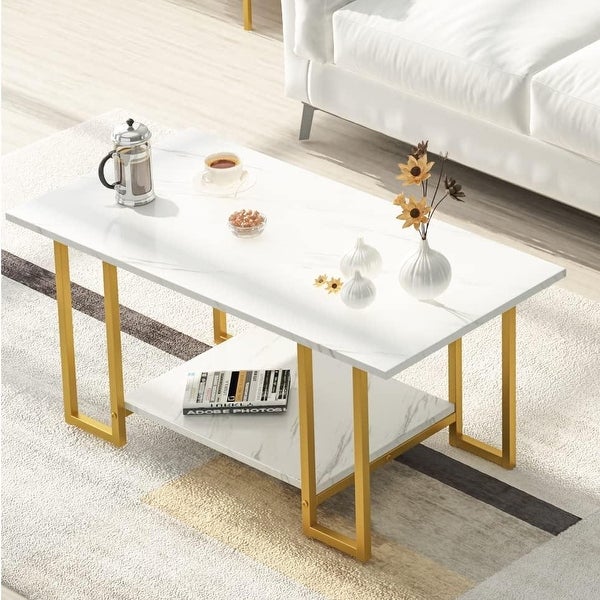 Mieres 39'' Wide 2-Tier Faux Marble Top Coffee Table with Steel Frame