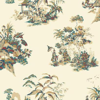 Sample Oriental Scenic Wallpaper in Blue, Red, and Gold