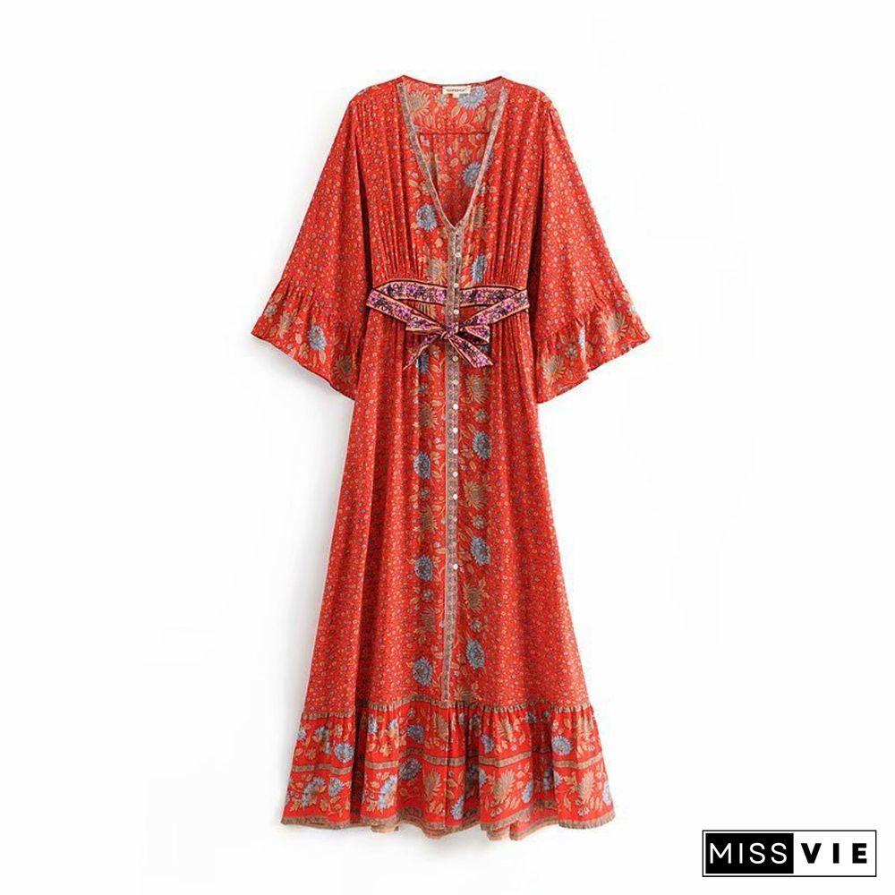 Bohemian Floral Print Belt Ruffle Sleeve Maxi Dress