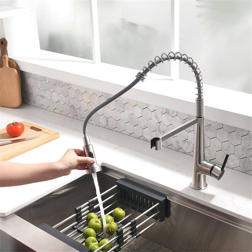 FLG Single Handle Pull Down Kitchen Faucet with Sprayer 1 Hole Kitchen Sink Faucet Brass Commercial Taps in Brushed Nickel CC-0049-BN