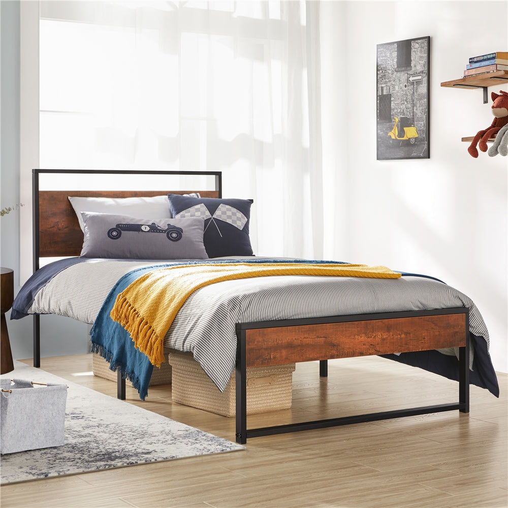 Yaheetech Rustic Metal Platform Bed with Wooden Headboard and Footboard, Twin Size, Mahogany