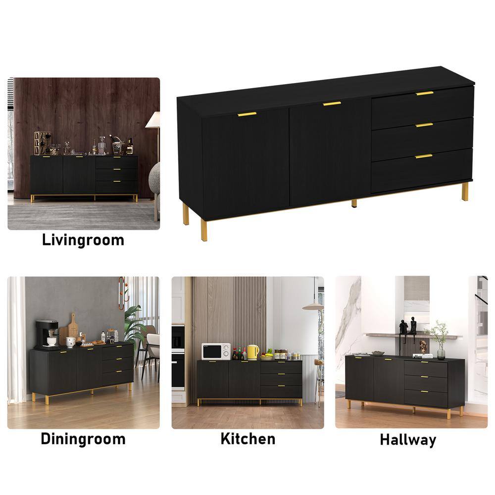 FUFUGAGA 62.9 in. W Black Paint Sideboard Kitchen Buffet Cupboard with Drawers and Shelves Metal Legs KF200156-01-cc