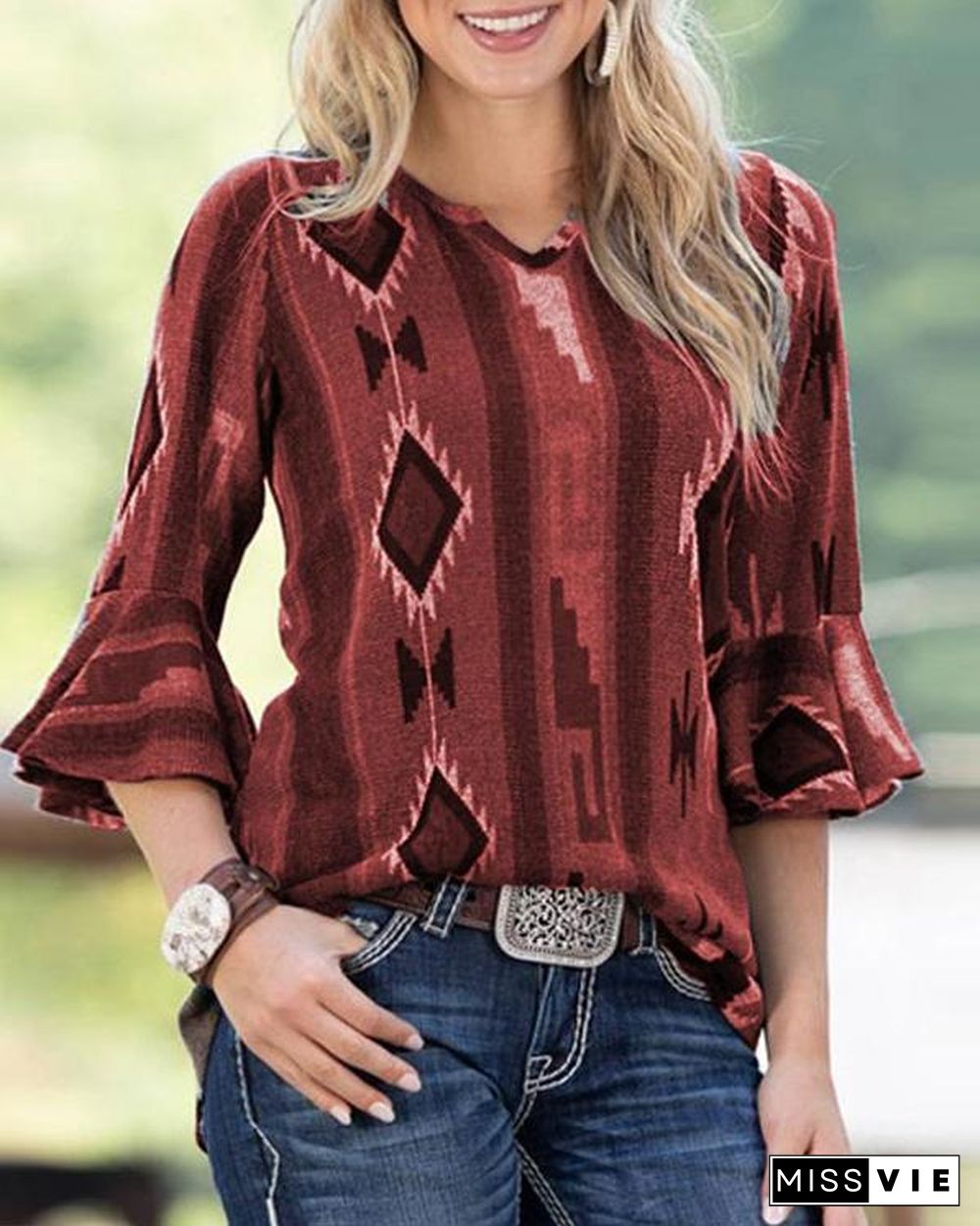 Plus Size Print Ruffle Sleeve V-neck Top