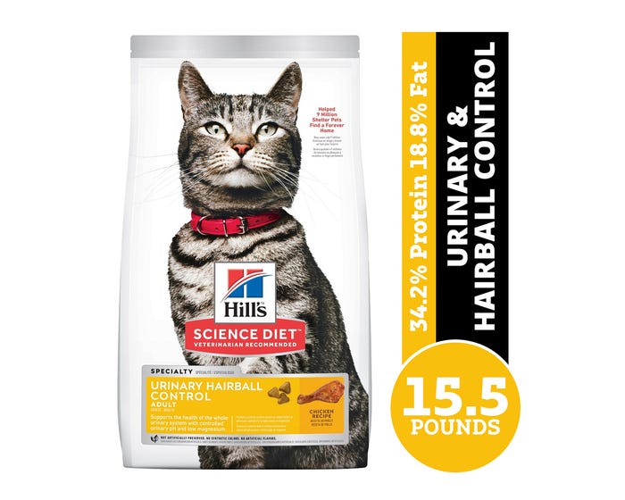 Hills Science Diet Adult Urinary  Hairball Control Chicken Recipe Dry Cat Food， 15.5 lb. Bag