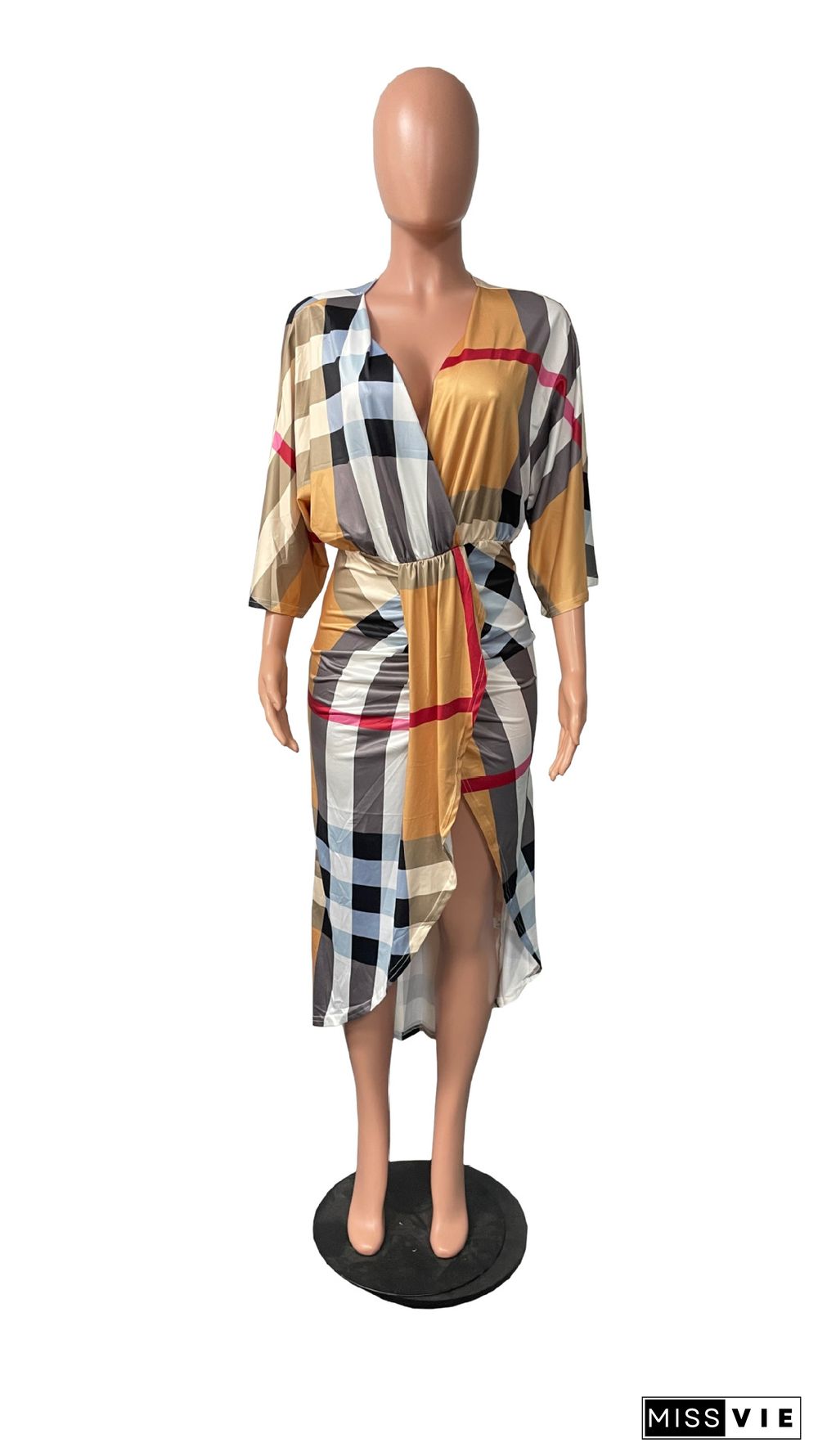 Classic Plaid Deep V Ruched Slit Midi Dresses