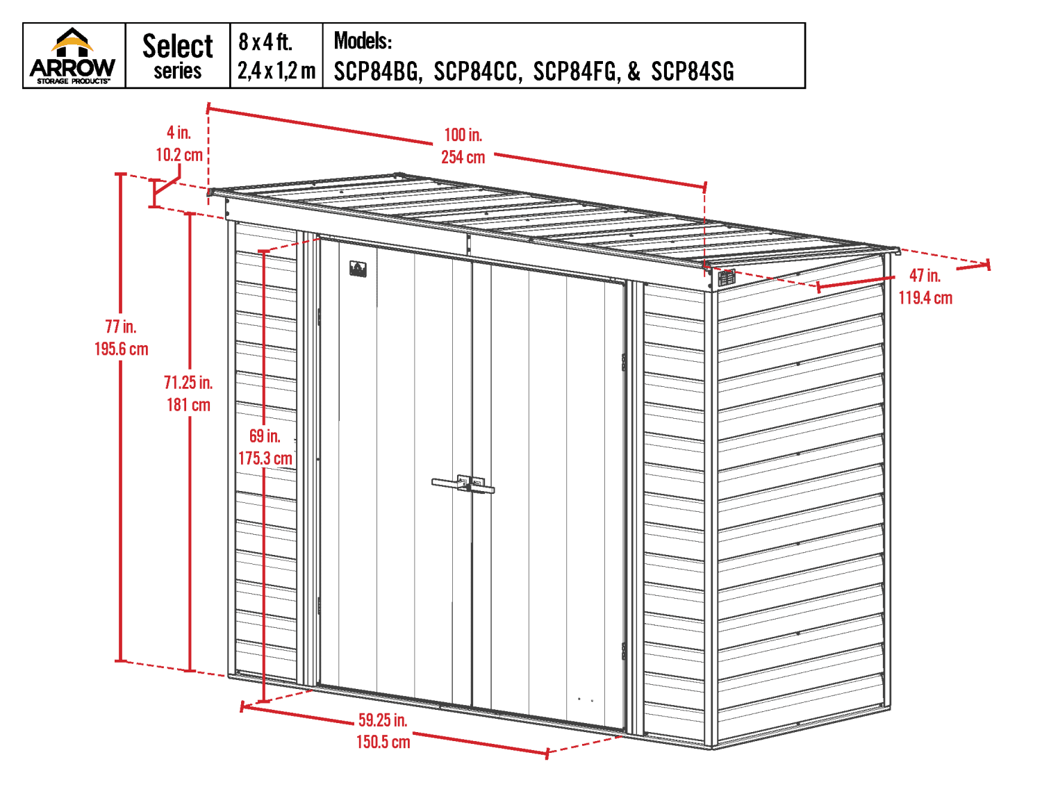 Arrow Select Steel Storage Shed, 8x4, Blue Grey