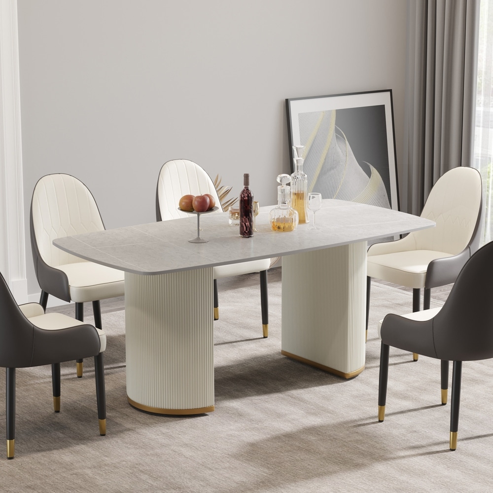 71 '' Modern Dining Table for 8  Rectangular Curved Marbel Tabletop + Beige Double Pedestal   N/A