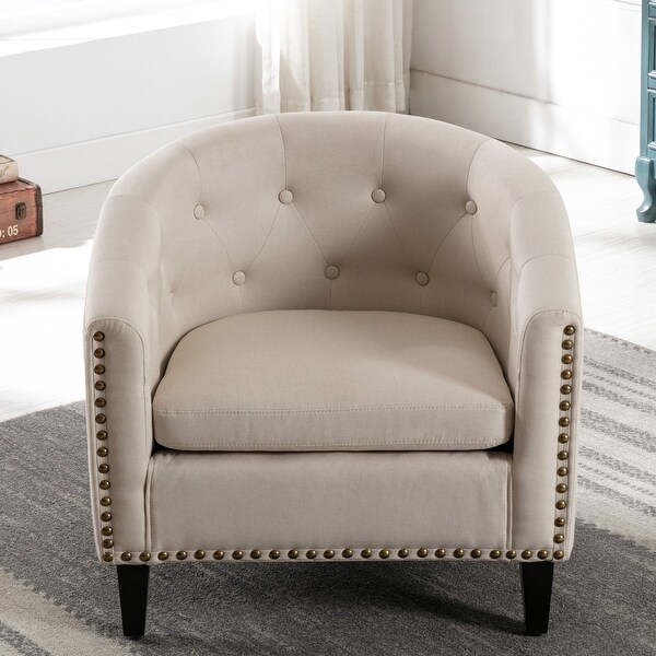 Modern Living Room Accent Chair Barrel Chair Upholstered Linen Fabric Club Sofa Button Tufted Armchair Tub Rivet Lounge Chair