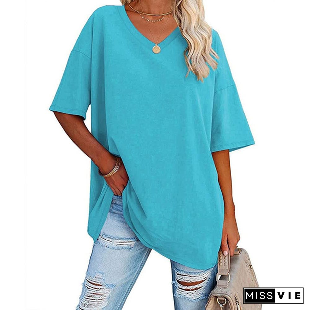 XS-8XL Spring Summer Tops Plus Size Fashion Clothes Women's Casual Short Sleeve Tee Shirts Ladies O-neck Blouses Solid Color Oversized Pullover Tops Half Sleeve Loose T-shirt Beach Wear Cotton T-shirt