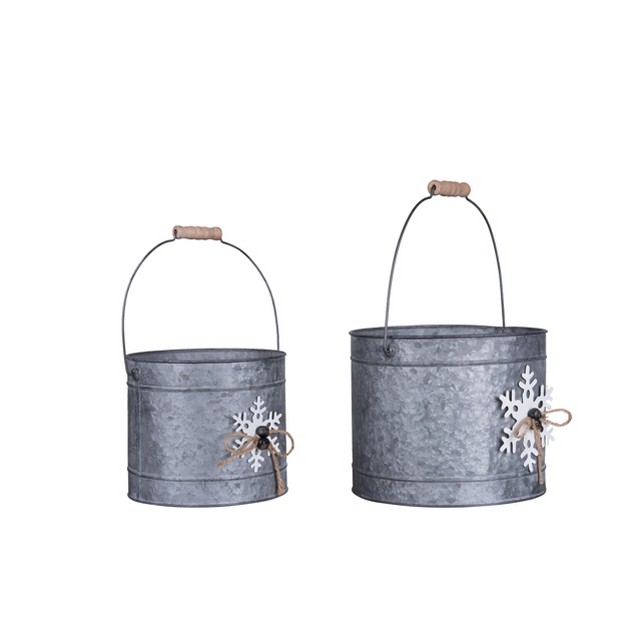 Transpac Metal 9 5 In Gray Christmas Buckets With Dimensional Snowflake Set Of 2