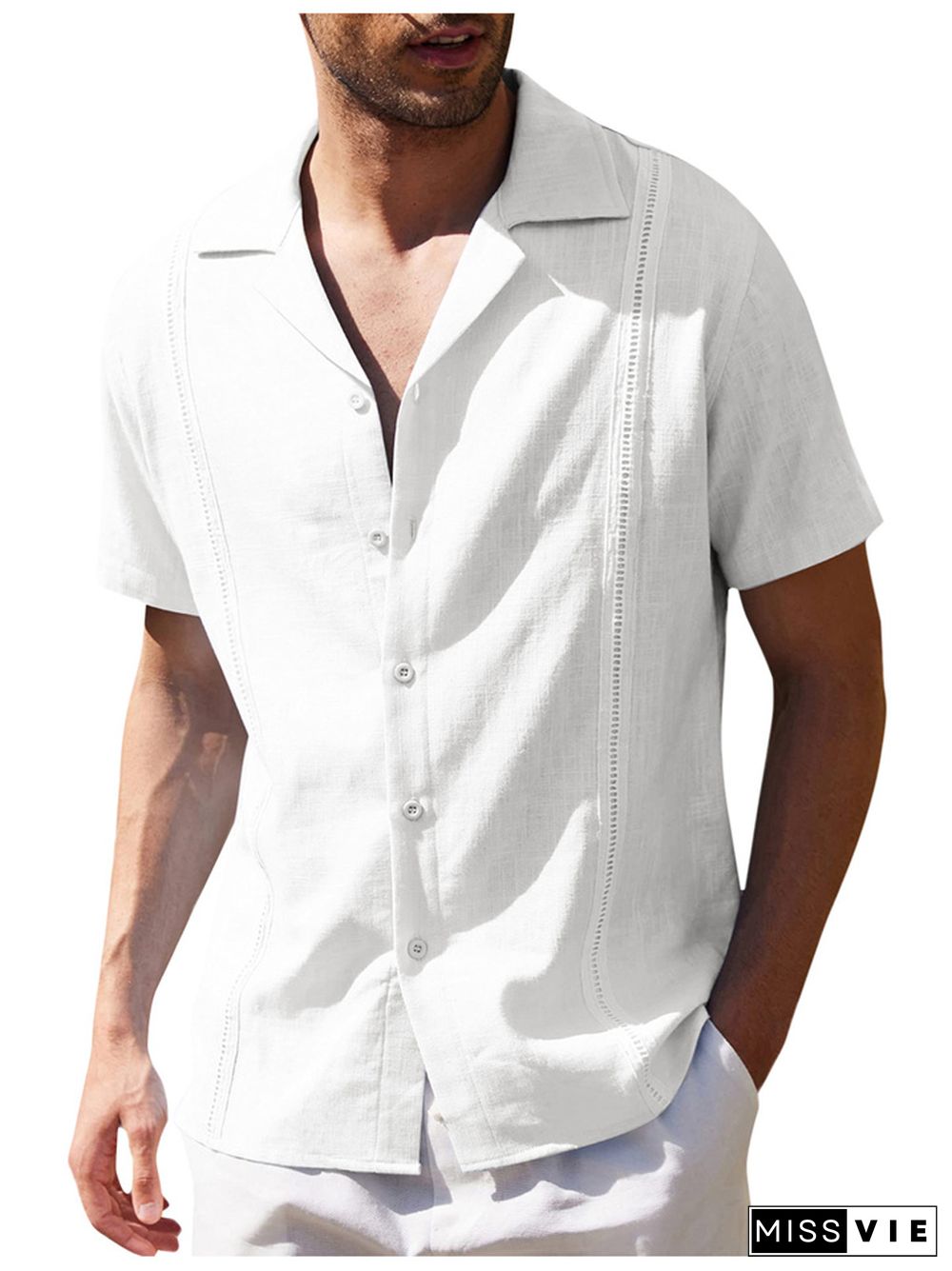 Men's Loose Simple Solid Color Lapel Casual Linen Shirt Short-sleeved Beach Shirt