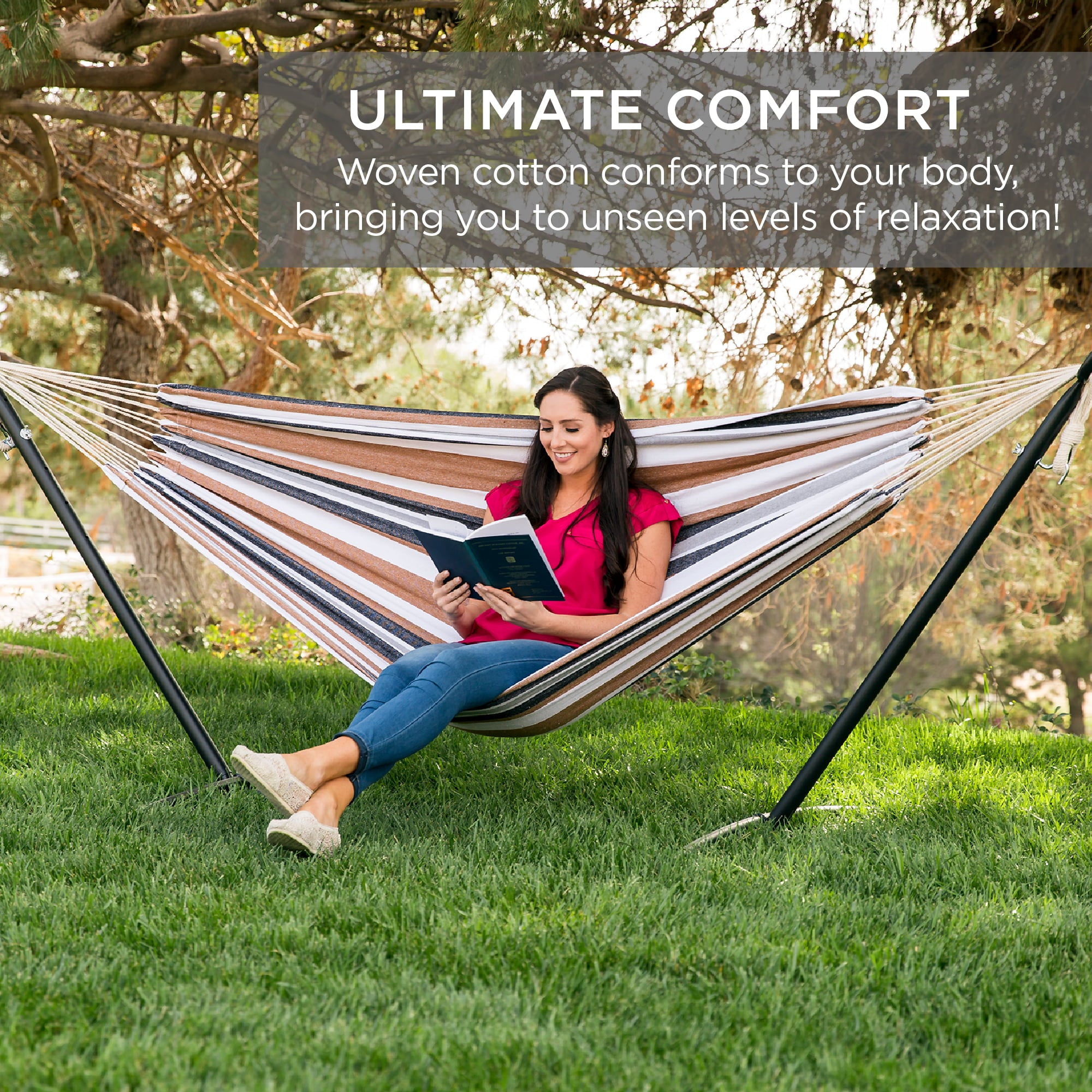 Best Choice Products 2-Person Brazilian-Style Cotton Double Hammock with Stand Set w/ Carrying Bag - Desert Stripes