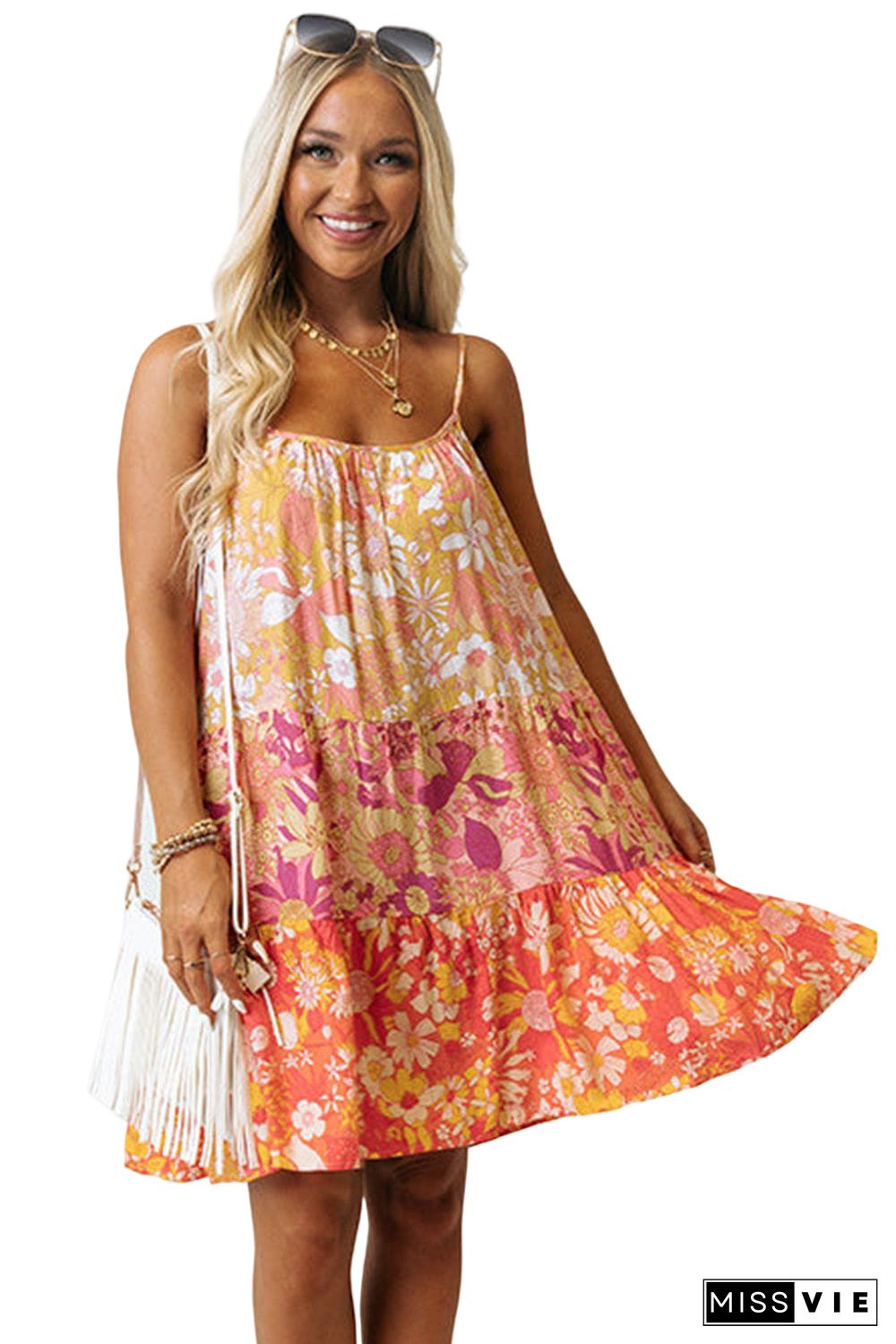 Orange Floral Print Tiered Spaghetti Straps Shift Dress