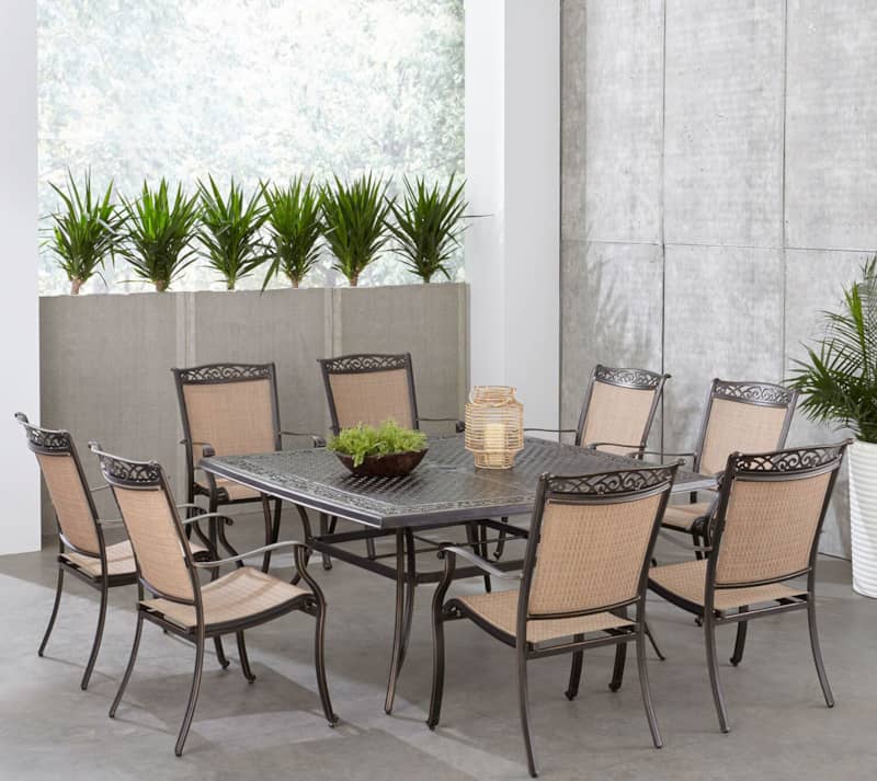 Hanover Fontana 9-Piece Outdoor Dining Set In Tan/Bronze With 8 Sling Dining Chairs and 60 Square Cast Table