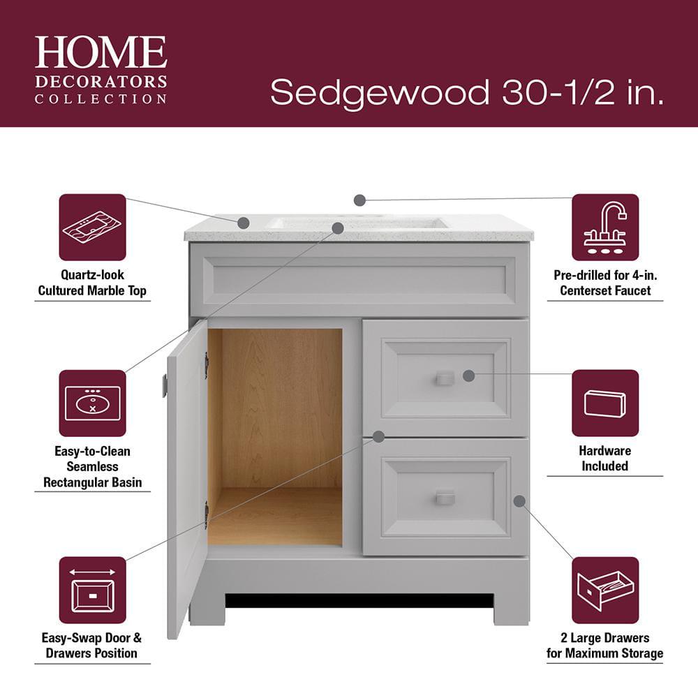 Home Decorators Collection Sedgewood 305 in W x 188 in D x 344 in H Freestanding Bath Vanity in Dove Gray with Arctic Solid Surface Top