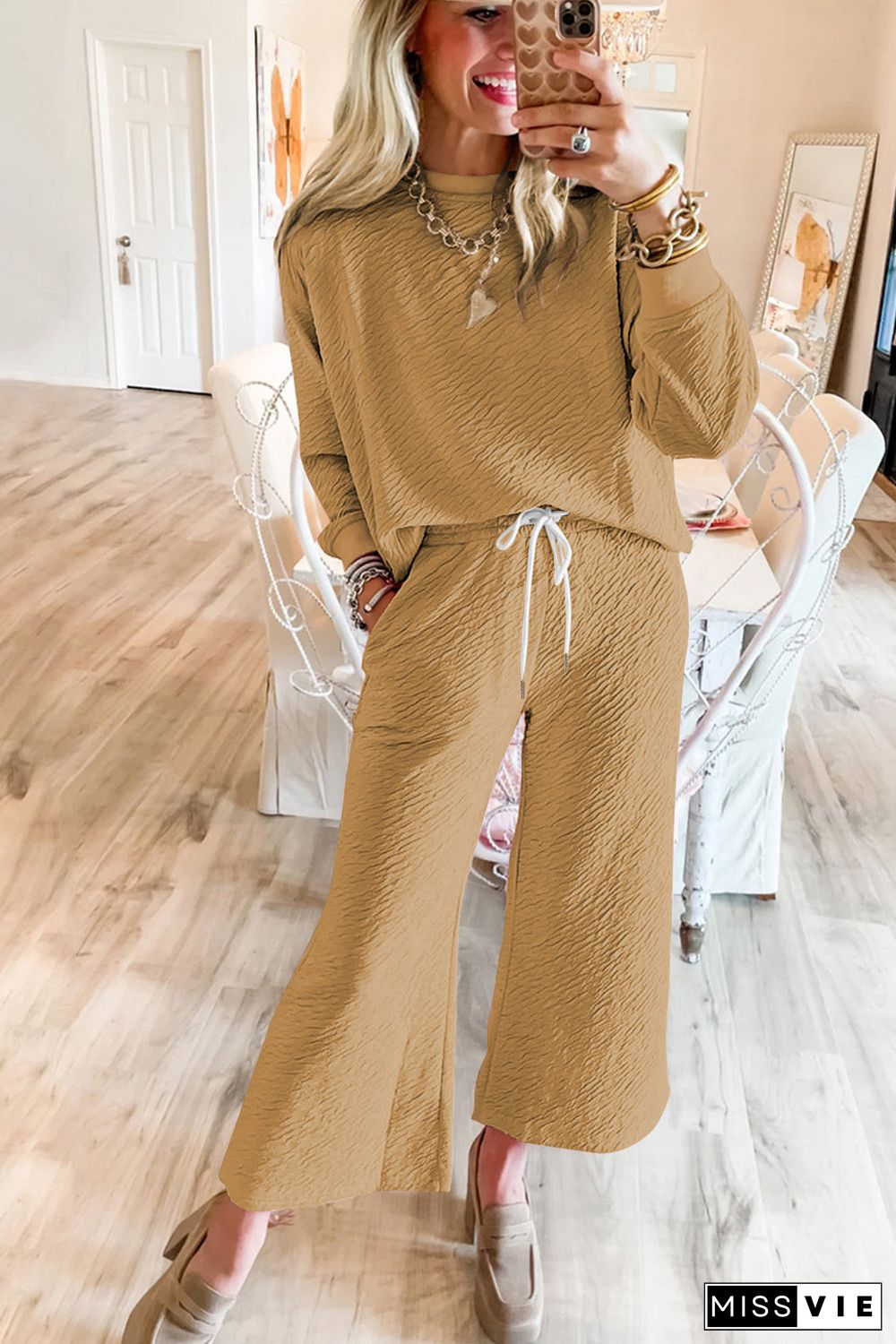 Light French Beige Textured Long Sleeve Top Drawstring Pants Set