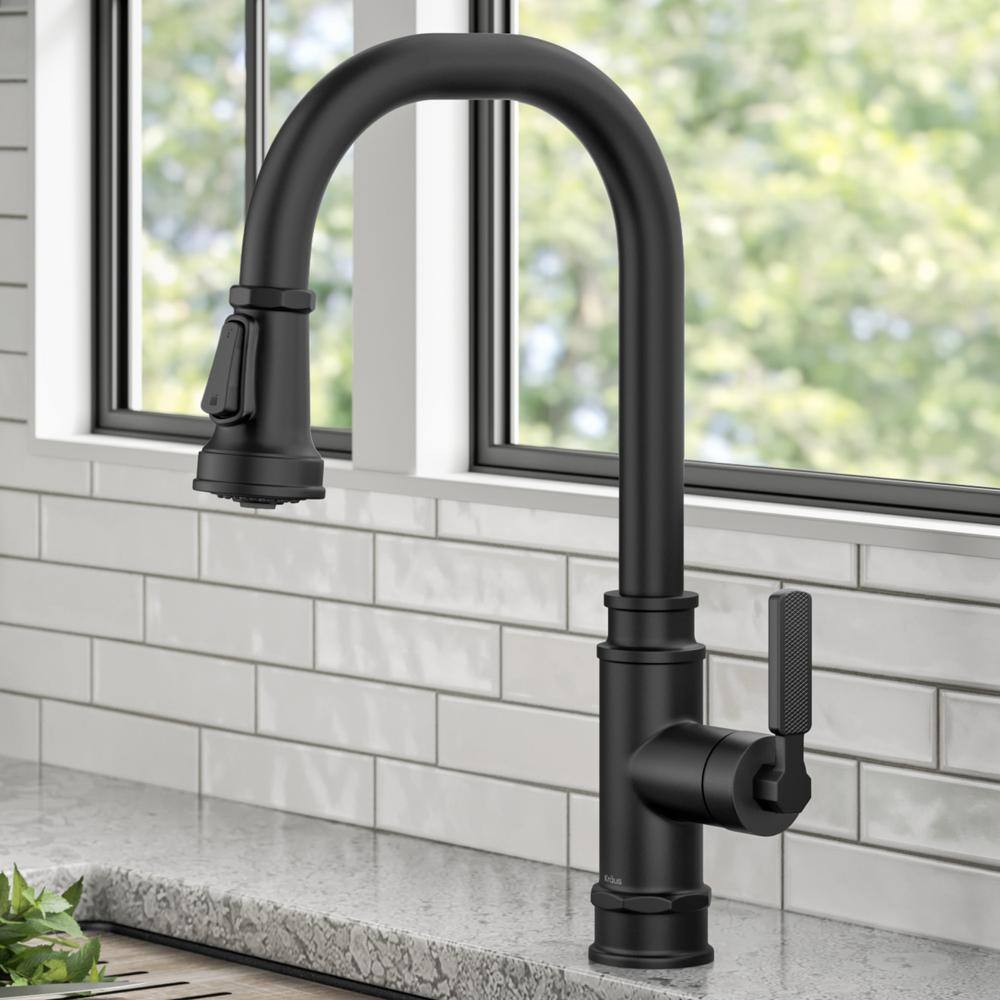 KRAUS Allyn Transitional Industrial Pull-Down Single Handle Kitchen Faucet in Matte Black KPF-4101MB