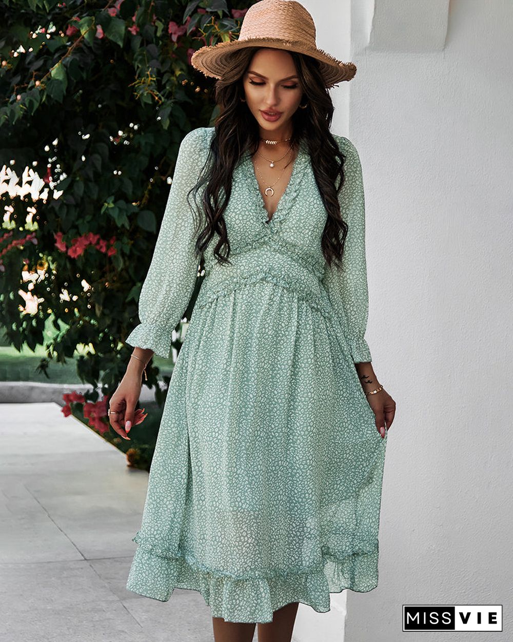 Deep V Neck Floral Long Sleeve Ruffle Hem Maxi Dress