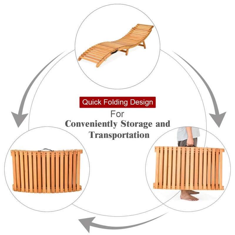 Wood Folding Patio Chaise Lounge Chair, Double-Sided Cushioned Outdoor Sun Lounger for Pool Beach Lawn