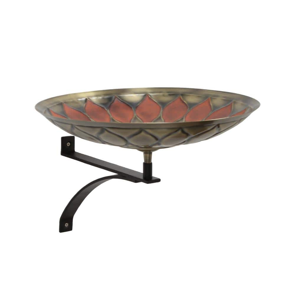 ACHLA DESIGNS 16 in. Dia. Round Antique Red Brass African Sunflower Birdbath with Black Wrought Iron Wall Mount Bracket BB-09R-WM2