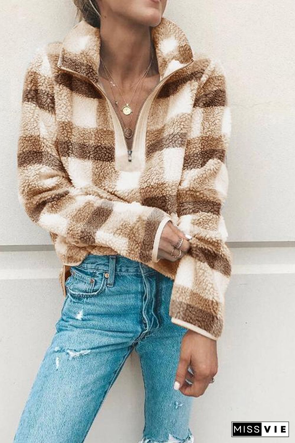 Plaid Long Sleeve High Collar Zip Hoodie