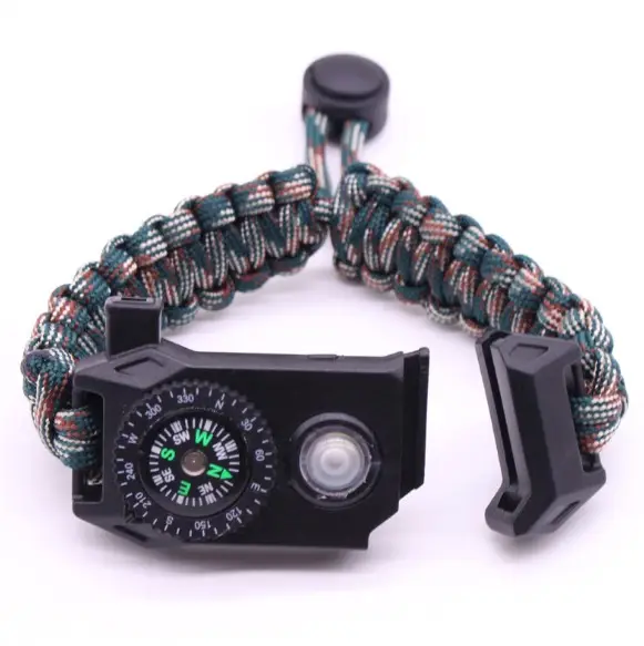 Outdoor Multifunctional with LED Compass Survival Whistle Pocket Knife Adjustable Emergency Umbrella Rope Bracelet