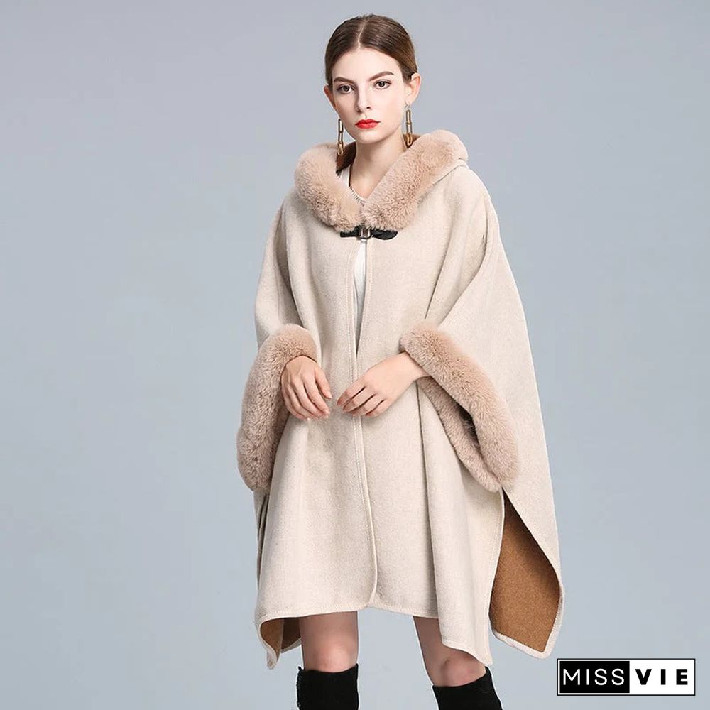 Autumn and Winter Fur Collar Hooded Shawl Cloak Large Size Woolen Coat Loose Cardigan Women