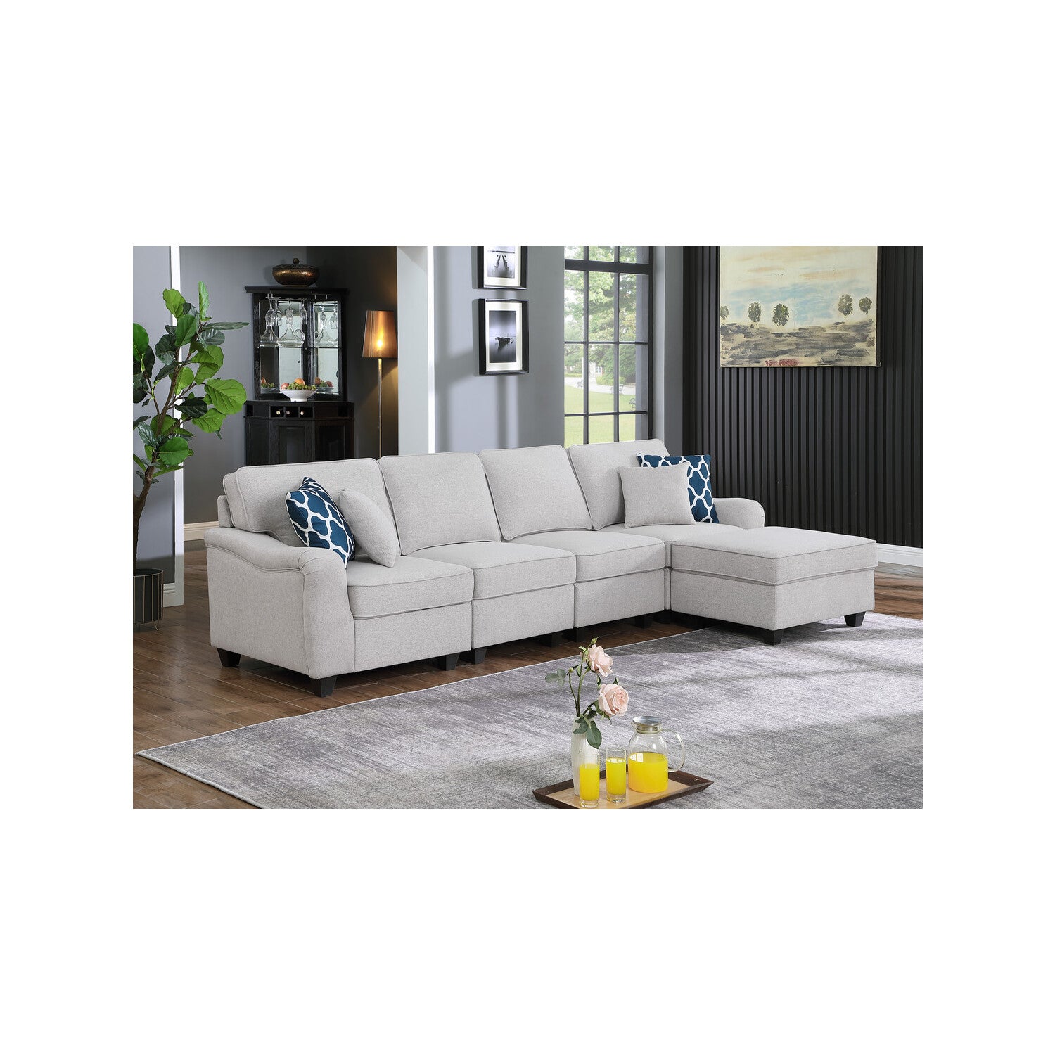 Lilola Home Leo Dark Gray Linen 5 Seater Sofa and Ottoman-Color:Dark Gray