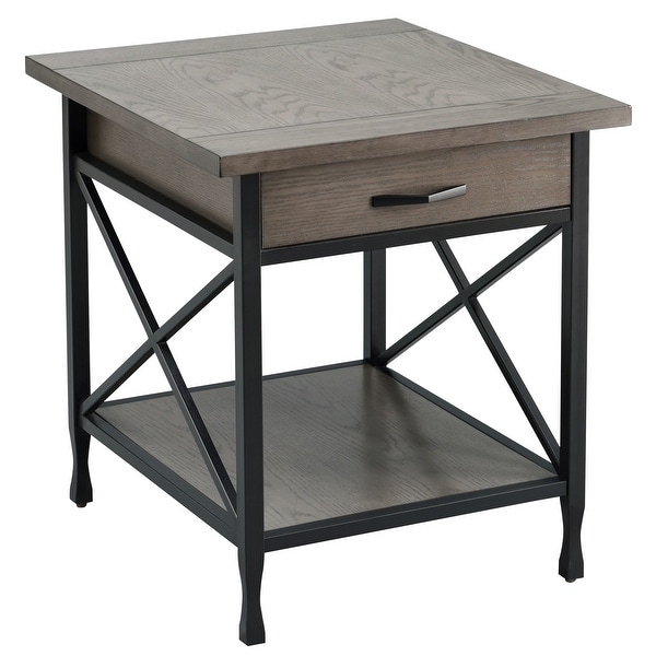 Gray/Matte Black X Design Mixed Wood and Metal Drawer End Table