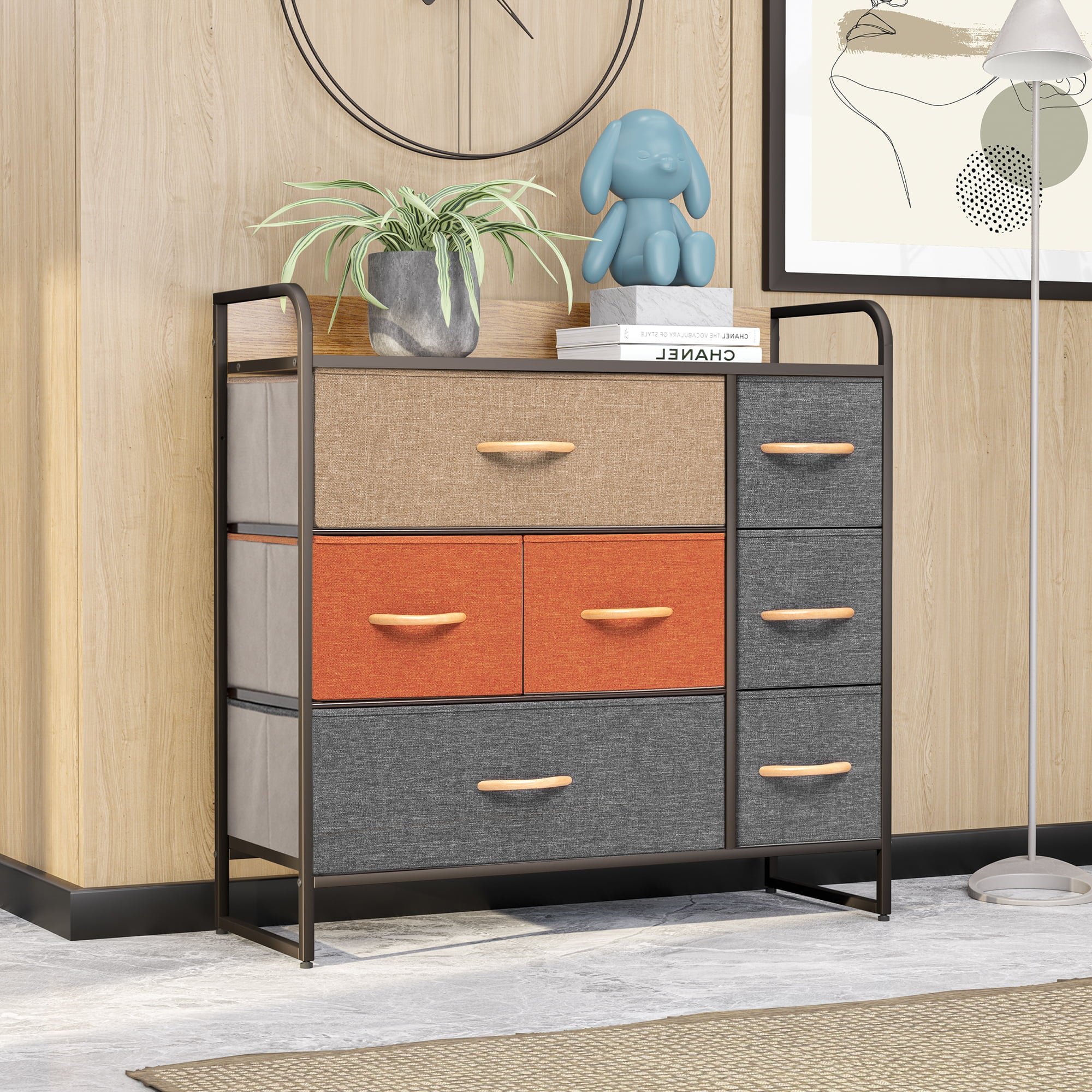 Cloud Fly 7 Drawers Dresser Storage Vertical Tower in Gray & Orange