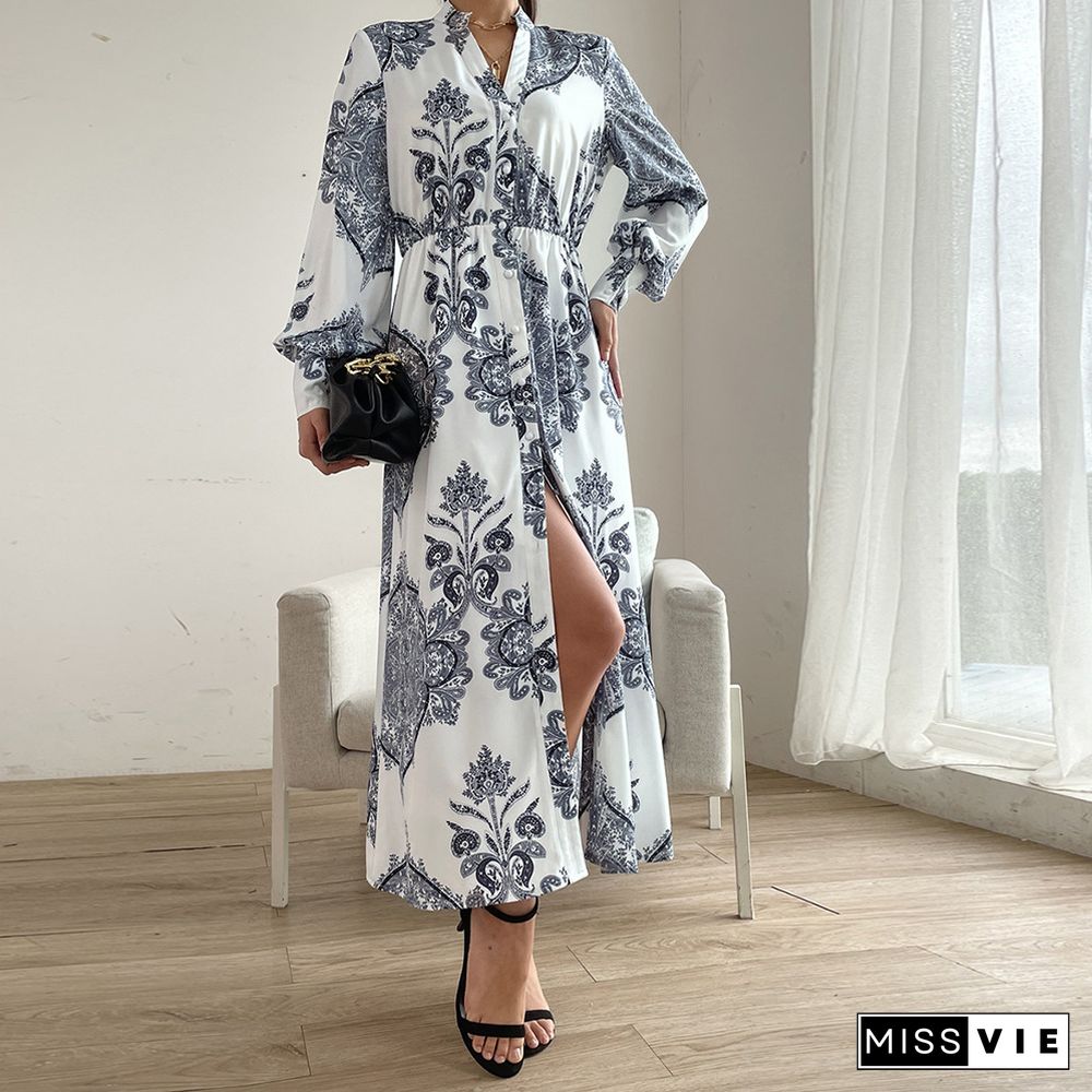 Puffy Sleeves Paisley Print Open Button Maxi Dress