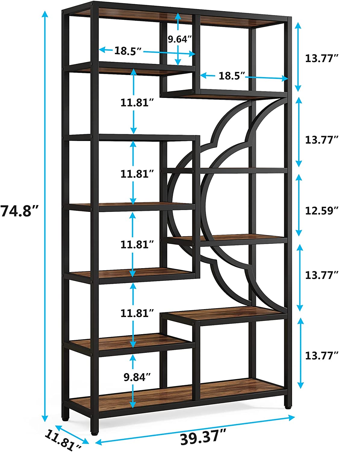 Industrial  Bookshelf, 11-Shelves Staggered Etagere 75