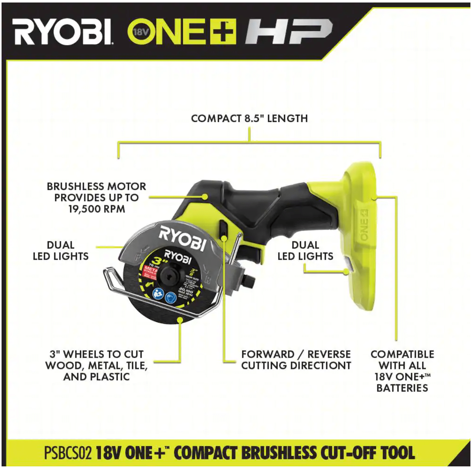 Ryobi One+ HP 18V Brushless Cordless Compact Cut-Off Tool， Tool Only (PSBCS02B)