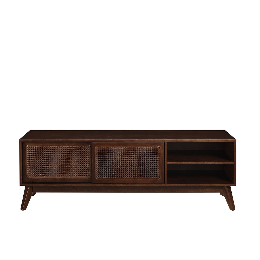 Rattan TV Stand Media Console Entertainment Cabinet for Living Room Bedroom w/ Wood Feet   Rattan Sliding Cabinet Doors