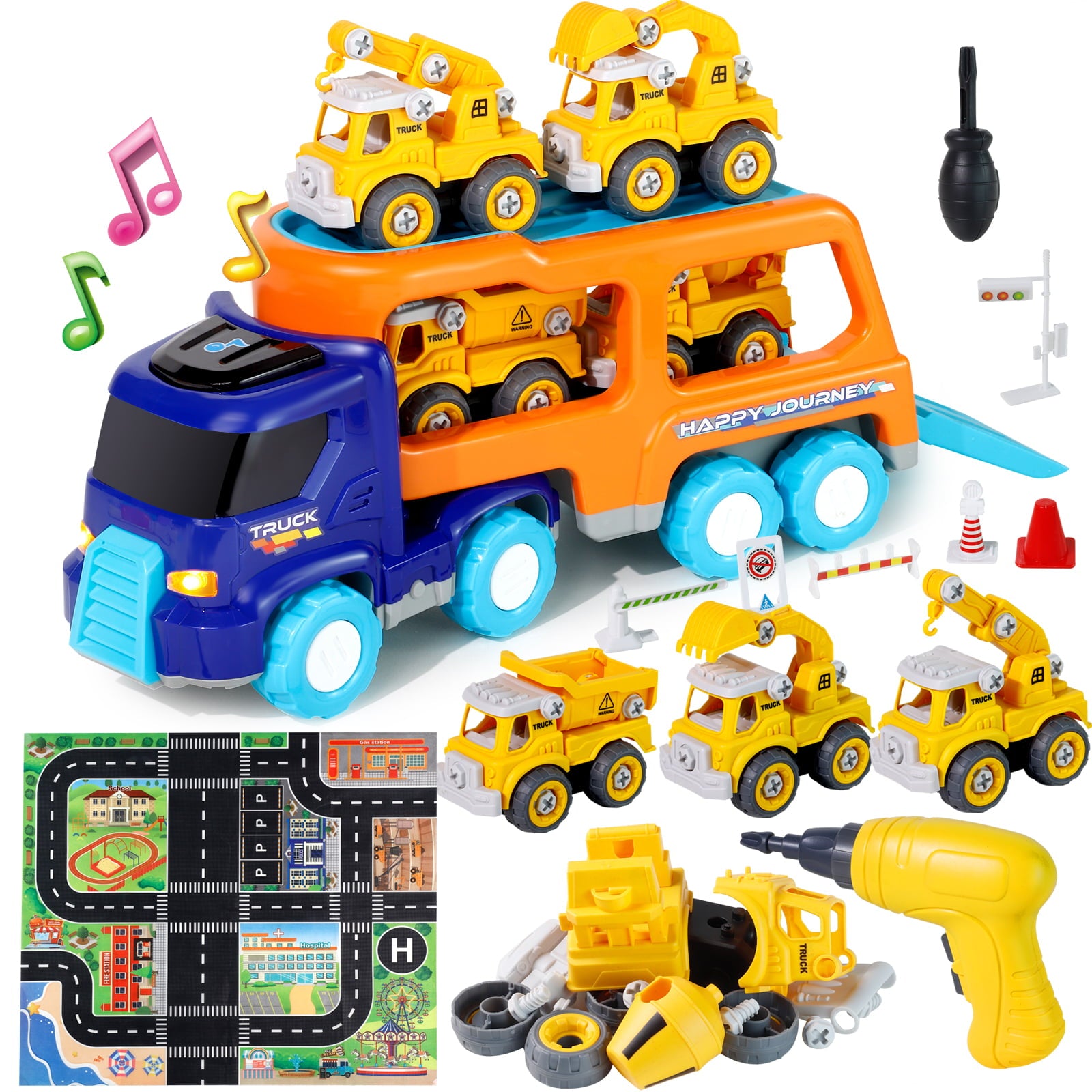 Take Apart Construction Truck Cars Toys for 2 3 4 5 Years Old Toddlers Boys Big Transport Carrier Truck with 4 Small Take Apart Engineering Trucks and Drills Toys with Sound and Light