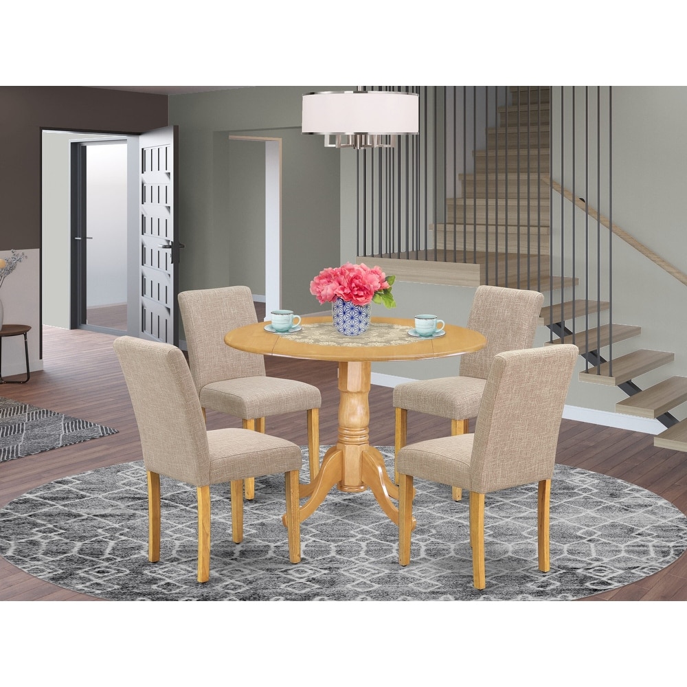 East West Furniture Dinette Set  a Round Dining Table and Light Tan Linen Fabric Dining Chairs  Oak (Pieces Options)