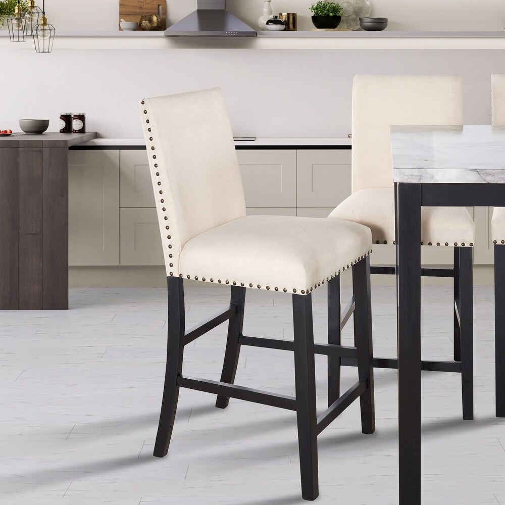 5 Piece Counter Height Faux Marble Modern Dining Set with Matching Chairs and Marble Veneer for Home  Beige