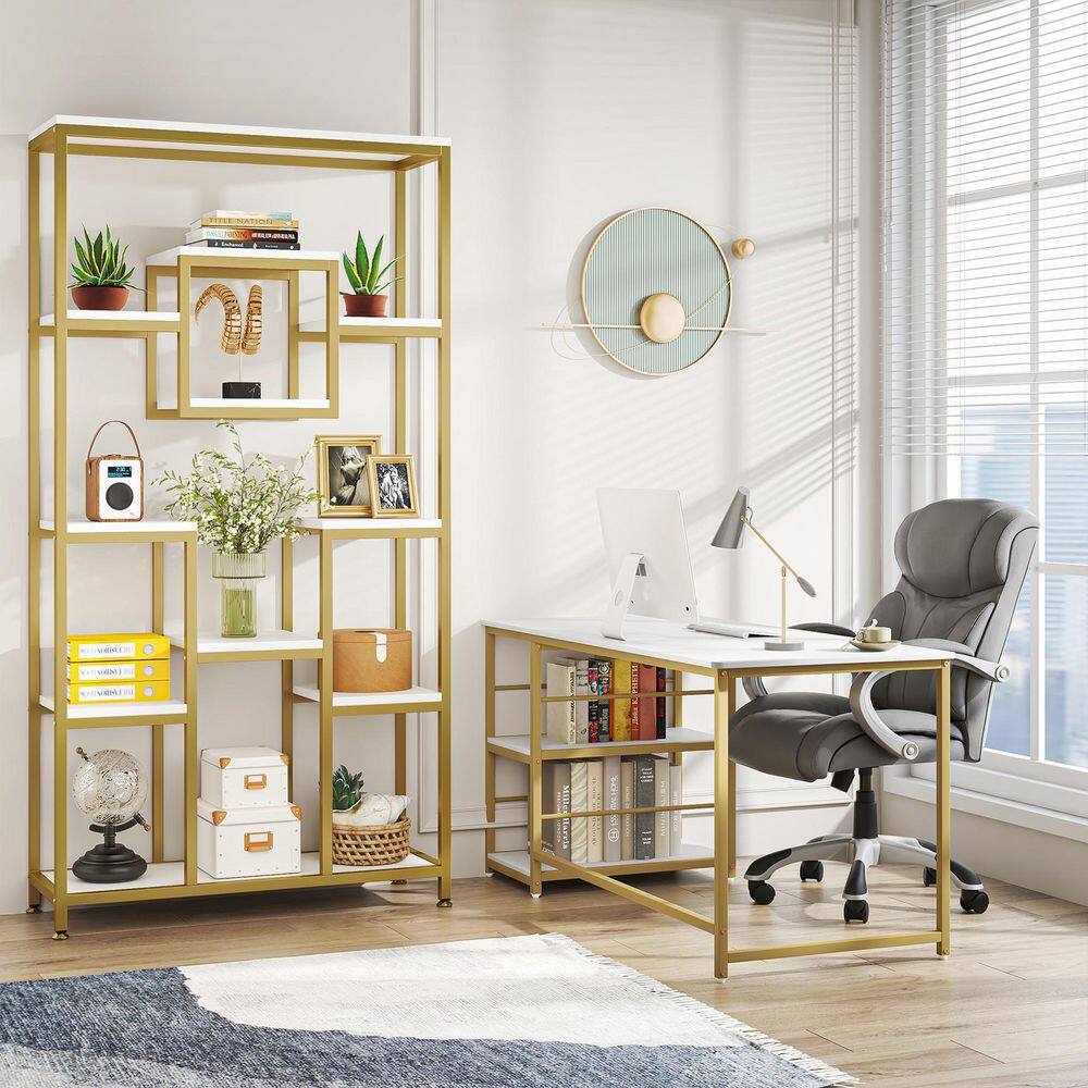 TRIBESIGNS WAY TO ORIGIN Frailey 71 in. Gold White Tall 11-Tier Large Open Display Bookshelf Geometric Cubed Bookcase Modern Storage Home Office HD-XK00191-WZZ