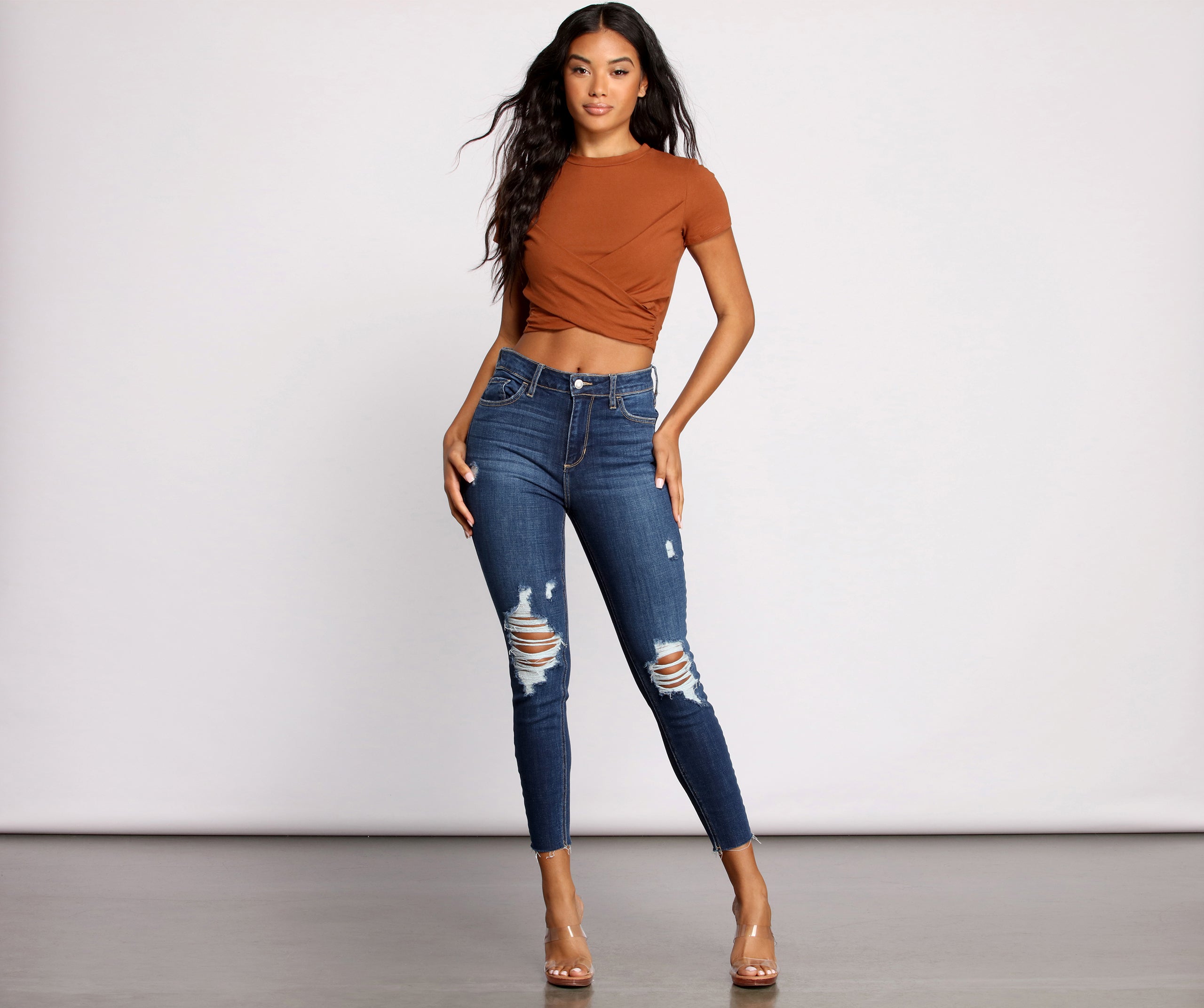 High Rise Destructed Cropped Skinny Jeans