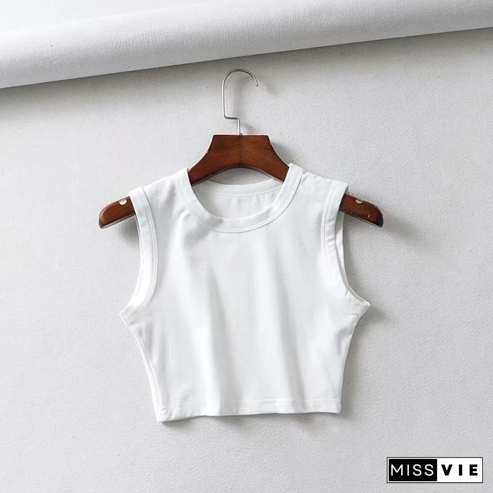 Women Casual Sleeveless Short Tank Tops Summer Female O Neck Solid Color Vest Tanks Fashion White Solid Skinny Crop Top